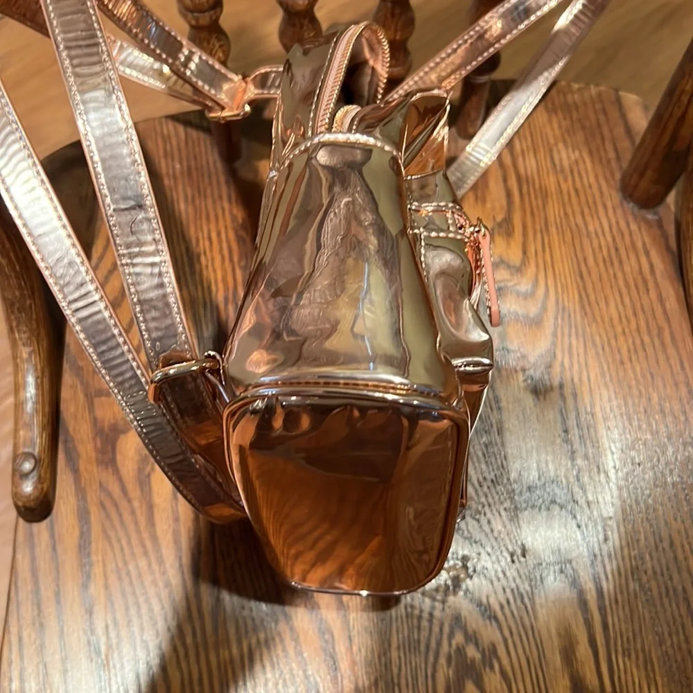 Guess Faux Leather Small  Backpack In A Shiny Rose Gold Colored